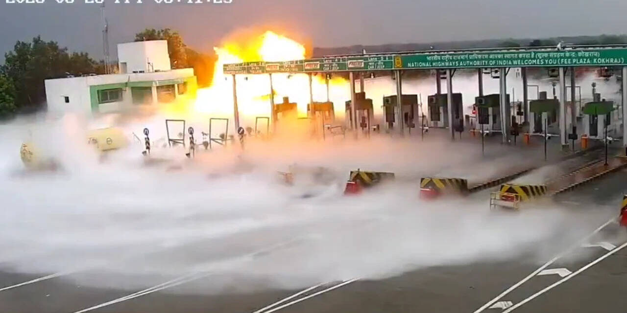 New CCTV footage captures massive LPG tanker explosion at UP toll plaza - video