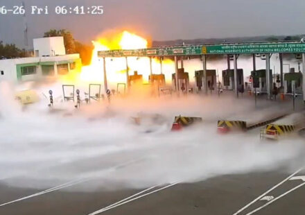 New CCTV footage captures massive LPG tanker explosion at UP toll plaza - video